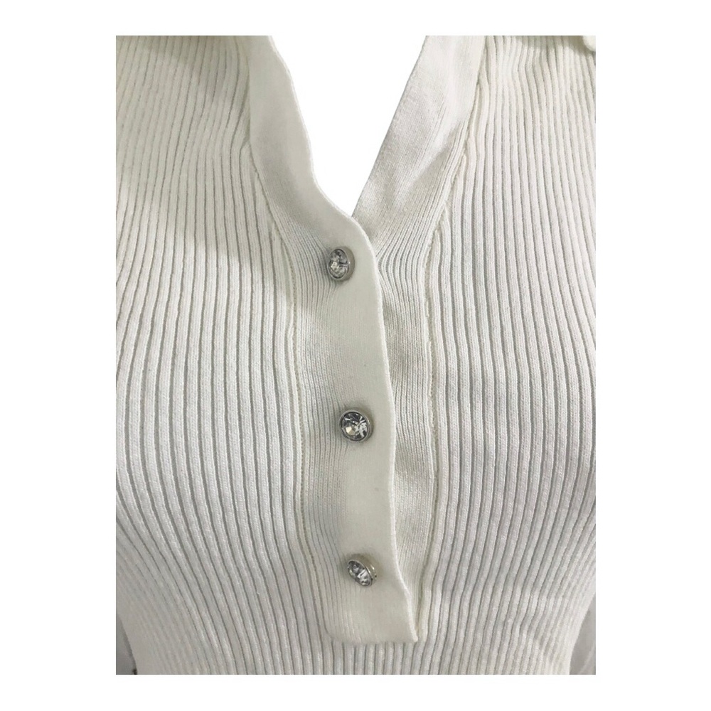 white cz diamond rhinestone heart shape scallop hem crop knit top size Small new - Picture 7 of 11